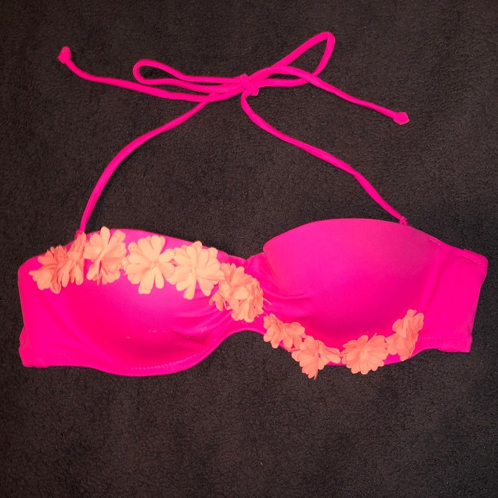 Hot Pink Swim Bandeau Top with Orange Detail Flowers, 34B Victoria's Secret